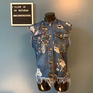 Jeweled Frayed Edge Denim Vest